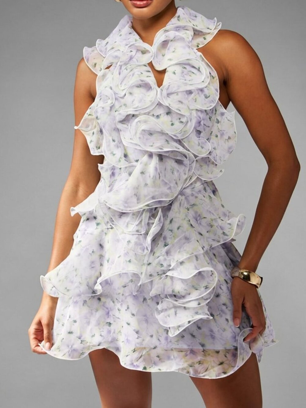 Multicolor Boho Women's Floral Frill Halter neck Mini Dress With Ruffle Details
